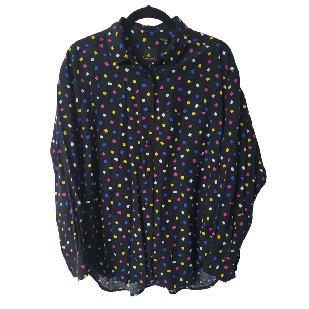 Lizsport Vintage Black Button-Down Shirt with Colorful Squares Size Large